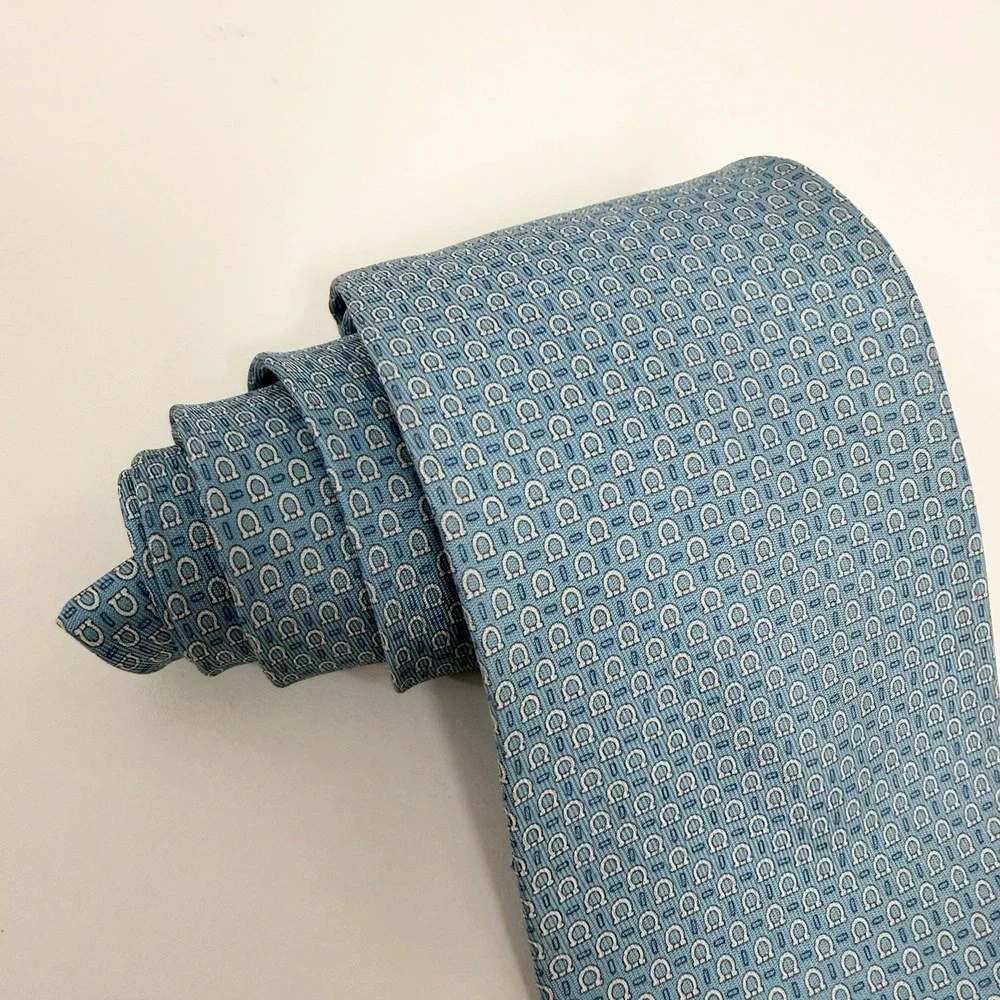 Salvatore Ferragamo Recent Tie AOP Gancini Logo Turquoise Blue Silk 3
